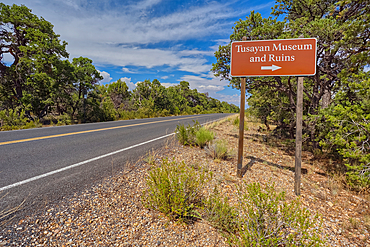 The direction sign for the Tusayan Museum and ruins at Grand Canyon South Rim, Arizona, United States of America, North America