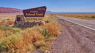 Highway US89A looking east to Vermilion Cliffs National Monument with Kaibab National Forest boundary sign, Arizona, United States of America