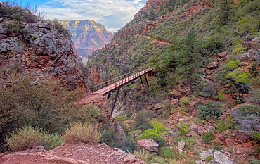 View above Red Wall Bridge crossing Roaring Springs Canyon, North Kaibab Trail, Grand Canyon North Rim, UNESCO, Arizona, United States of America