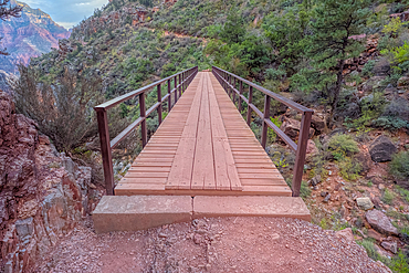 Red Wall Bridge crossing Roaring Springs Canyon on North Kaibab Trail, Grand Canyon North Rim, UNESCO, Arizona, United States of America