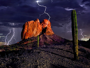 An HDR composite of lightning striking Courthouse Rock in the Eagletail Wilderness of western Arizona, United States of America, North America