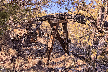 An old water pipe relic in a section of Johnson Canyon halfway between the Bainbridge Steel Dam and Stone Dam near Ash Fork Arizona in the Kaibab National Forest.