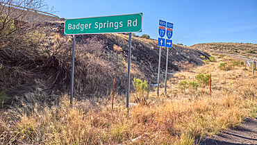 Sign marking Badger Springs Road off of I-17 Arizona. This road leads to a hiking trail in the Agua Fria National Monument.