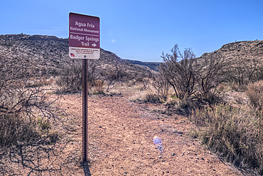 Sign marking the Badger Springs Trail in the Agua Fria National Monument of Arizona.