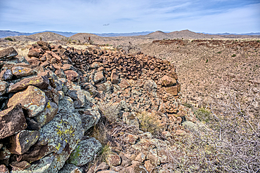 Ancient wall of the Fort Silver Indian Ruins overlooking Silver Creek Canyon in Agua Fria National Monument of Arizona. Located near the Pueblo La Plata ruins.