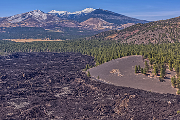 Humphrey's Peak viewed from a volcanic ridge in Coconino National Forest near Sunset Crater National Monument of Arizona.