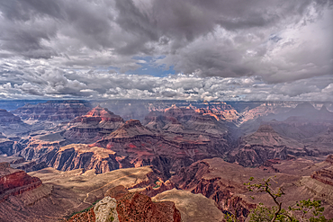 Rainy skies over the North Rim of Grand Canyon National Park Arizona. Viewed from Yavapai Point on the South Rim.