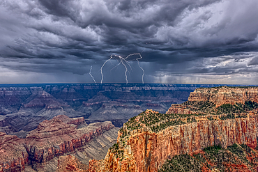 A thunderstorm approaching the South Rim of Grand Canyon Arizona. Viewed from Cape Royal on the North Rim.