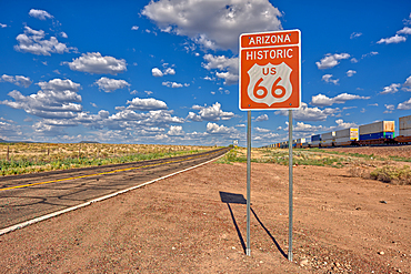 Road sign marking Historic Route 66 just east of Seligman, the birthplace of the famous road, Arizona, United States of America, North America