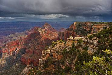 Storm rolling over Grand Canyon viewed from North Rim Arizona. Just left of center is Freya's Castle and Vishnu Temple. Cape Royal is right of center.