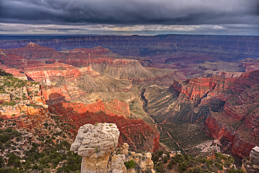 Storm rolling over Grand Canyon viewed from the Walhalla Overlook on North Rim Arizona.