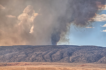 Smoke from the Dragon Bravo Wildfire burning on Grand Canyon North Rim billowing off the Kaibab Plateau. Viewed from US89A across from Vermilion Cliffs.