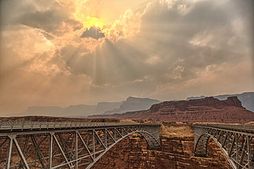 Sun shining thru dense smoke from the Dragon Bravo Wildfire enshrouding Vermilion Cliffs National Monument Arizona. Viewed from US89A at Navajo Bridge.