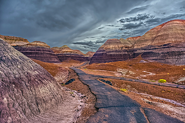 A paved trail leading below Blue Mesa in Petrified Forest National Park Arizona on a rainy day.