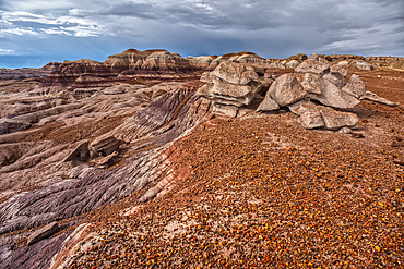 A desolate barren valley of rock and sand in Petrified Forest National Park Arizona just west of Blue Mesa.