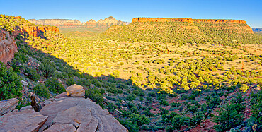 Panorama view of Sedona from the First Bench of Bear Mountain, to the right of center is Doe Mountain, Sedona, Arizona, United States of America, North America