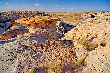 A hoodoo shaped like a table top, on a cliff along the Blue Mesa in Petrified Forest National Park, Arizona, United States of America, North America