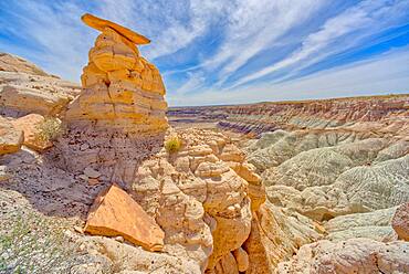 Flat top hoodoo on the edge of a cliff along the Billings Gap Trail on Blue Mesa, Petrified Forest National Park, Arizona, United States of America, North America