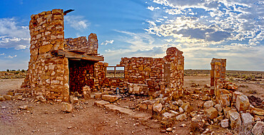 The ghostly remains of an old stone tower in the ghost town of Two Guns, Arizona, United States of America, North America