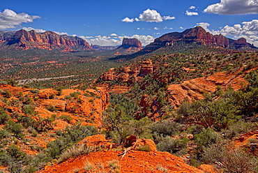 View of Lee Mountain, Courthouse Butte, and Castle Rock, from the secret trail on the east side of Cathedral Rock in Sedona, Arizona, United States of America, North America