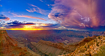 A dying storm at twilight viewed from Lipan Point, Grand Canyon, with Spider Lightning visible, Grand Canyon National Park, UNESCO World Heritage Site, Arizona, United States of America, North America