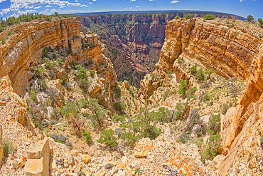 Fisheye view of a deep chasm near Papago Point at Grand Canyon with Zuni Point in the distance, Grand Canyon National Park, UNESCO World Heritage Site, Arizona, United States of America, North America