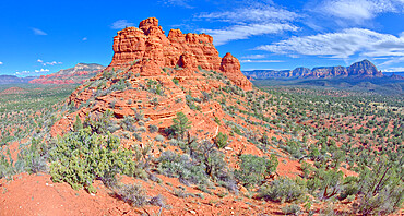 The spires of Cockscomb Butte in Sedona viewed from its south end summit, Arizona, United States of America, North America