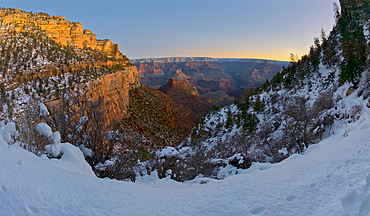 A winter dawn view of Grand Canyon from Bright Angel Trail on the South Rim, Grand Canyon National Park, UNESCO World Heritage Site, Arizona, United States of America, North America