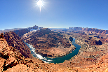 The bend in the Colorado River at Lee's Ferry in Glen Canyon Recreation Area viewed from the plateau at the end of Spencer Trail at Marble Canyon in winter, Arizona, United States of America, North America