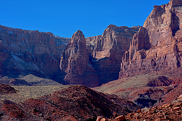 View of a rock formation called Cathedral Butte at the base of the Vermilion Cliffs, Glen Canyon Recreation Area, Arizona, United States of America, North America