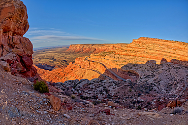 The winding Utah road of Highway 261 up the Moki Dugway from Valley of the Gods below, Utah, United States of America, North America