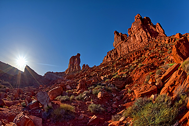 Rock formation called Rudolph and Santa, Valley of the Gods, visible from the main road through the valley, northwest of Monument Valley and Mexican Hat, Utah, United States of America, North America