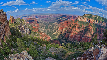 Grand Canyon North Rim viewed from Roosevelt Point with Tritle Peak on the left and Atoko Point on the right, Gand Canyon, Arizona, United States of America, North Amerca