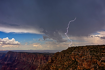 Lightning striking the Desert View Watchtower on Grand Canyon South Rim during the 2023 Arizona Monsoon season, viewed from Navajo Point, Grand Canyon National Park, UNESCO World Heritage Site, Arizona, United States of America, North America