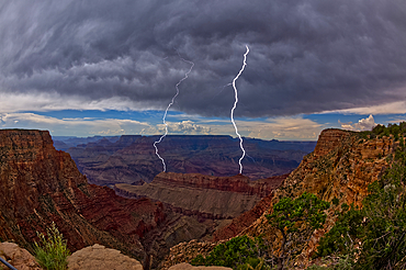 Lightning striking inside the Grand Canyon during the 2023 Arizona Monsoon season, viewed from No Name Overlook between Pinal Point on the left and Lipan Point on the right, Grand Canyon National Park, UNESCO World Heritage Site, Arizona, United States of America, North America