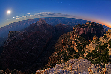 View from Cape Royal, below is Vishnu Creek running between Vishnu Temple on the left with Wotans Throne on the right at twilight with the Moon rising, Grand Canyon National Park, UNESCO World Heritage Site, Arizona, United States of America, North America