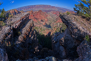 Fisheye view of a dry waterfall where the Hance Creek drains into Hance Canyon at Grand Canyon South Rim, Grand Canyon National Park, UNESCO World Heritage Site, Arizona, United States of America, North America