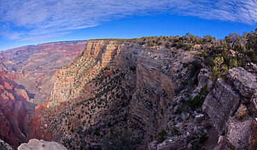 View of the cliffs of the Abyss Overlook along Hermit Road, with Mohave Point in distance left of centre, Grand Canyon, Arizona, United States of America, North America