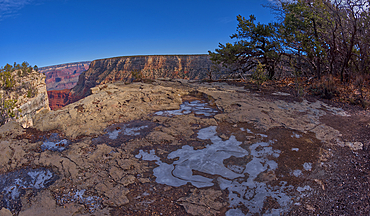 Frozen water puddles along the cliffs of Grand Canyon east of the Monument Creek Vista, Grand Canyon National Park, UNESCO World Heritage Site, Arizona, United States of America, North America