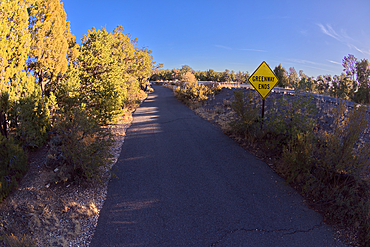 Sign marking the end of the paved Greenway Trail that runs between Monument Creek Vista and Pima Point, Grand Canyon, Arizona, United States of America, North America