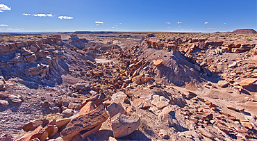 The crumbling cliffs of a mesa near Hamilili Point on the south end of Petrified Forest National Park, Arizona, United States of America, North America