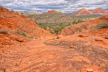 View of Sedona from the north side of Cathedral Rock, Sedona, Arizona, United States of America, North America