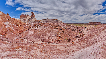 Hoodoo spires rising above the valley below the south side of Blue Mesa in Petrified Forest National Park, Arizona, United States of America, North America