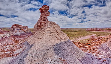 A hoodoo spire shaped like a Horse Head, in the valley below Blue Mesa of Petrified Forest National Park, Arizona, United States of America, North America