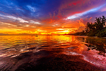 Summer sunset sky reflected in the sea, Grand Anse Fond de Lanse beach on Praslin Island, Seychelles, Indian Ocean, Africa