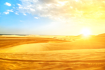 Desert landscape sand dunes at sunset near Qatar and Saudi Arabia border on Persian Gulf, Khor Al Udeid (Khawr al Udayd), Qatar, Middle East