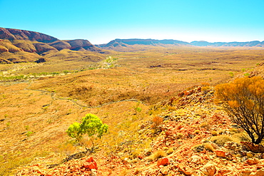 Aerial view from viewpoint of Ormiston Pound walk, a circular walk in West MacDonnell Ranges National Park, with Mount Sonder in the background, Outback, Northern Territory, Australia, Pacific