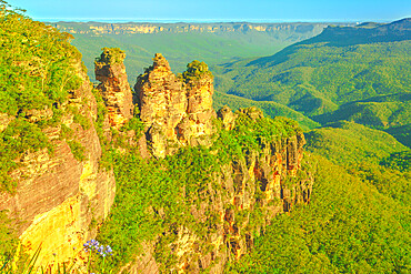 Aerial view of Three Sisters sandstone cliff rock formation in Blue Mountains Range, Katoomba, New South Wales, Australia, Pacific