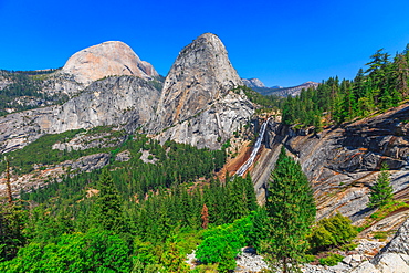 Half Dome, Mount Broderick and Liberty Cap with Nevada Fall waterfall on Merced River, Yosemite National Park, UNESCO World Heritage Site, California, United States of America, North America