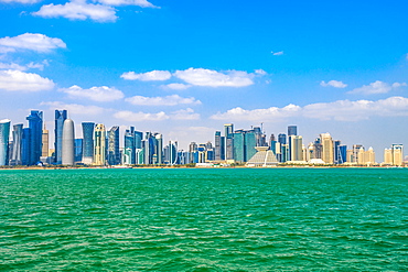 Banner panorama of Doha cityscape, West Bay skyline in Doha Bay, Doha, Qatar, Middle East